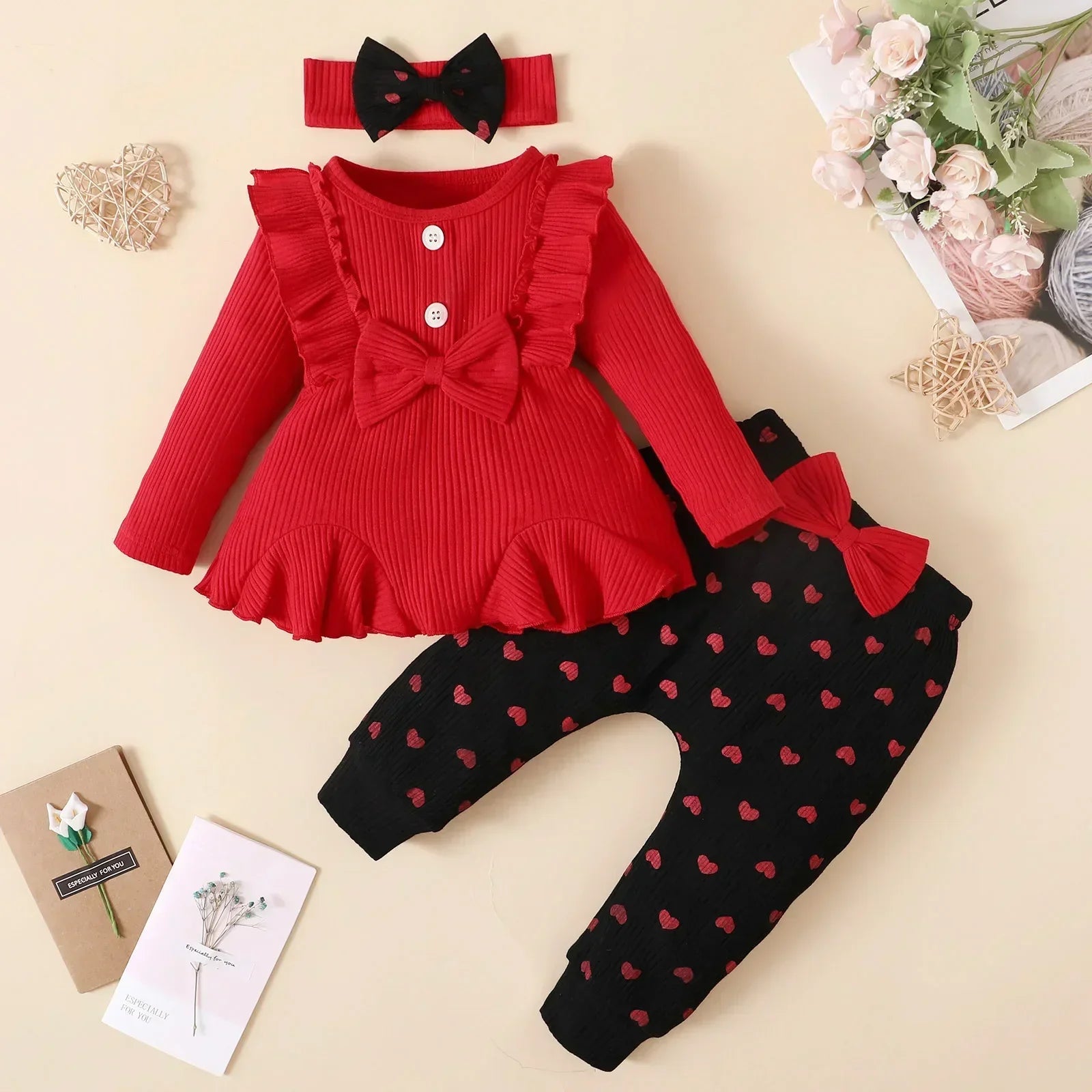 Toddler Girl Outfit – Red Bowknot Top & Heart-Print Trousers Set