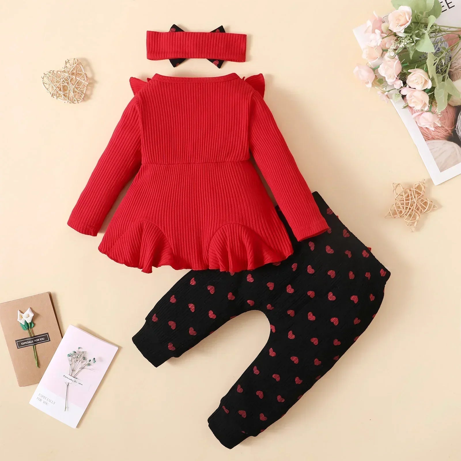 Toddler Girl Outfit – Red Bowknot Top & Heart-Print Trousers Set